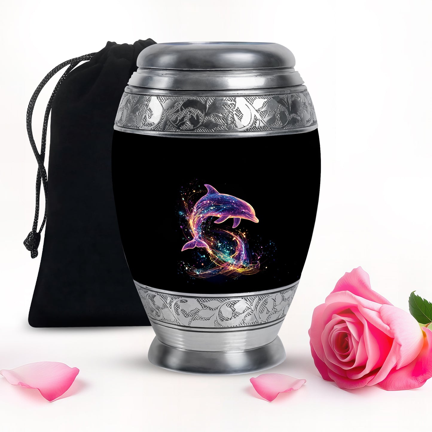 Rich Black Dolphin Cremation Urn back view with polished surface - regal dolphin design with crown-inspired accents - full-size 10 inch 200 cubic inch adult cremation urn
