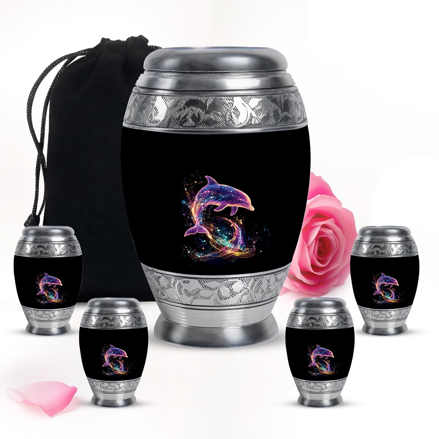 Onyx Black Dolphin Cremation Urn detail view - royal dolphin engraving with decorative scrollwork - memorial set with one large and four small urns