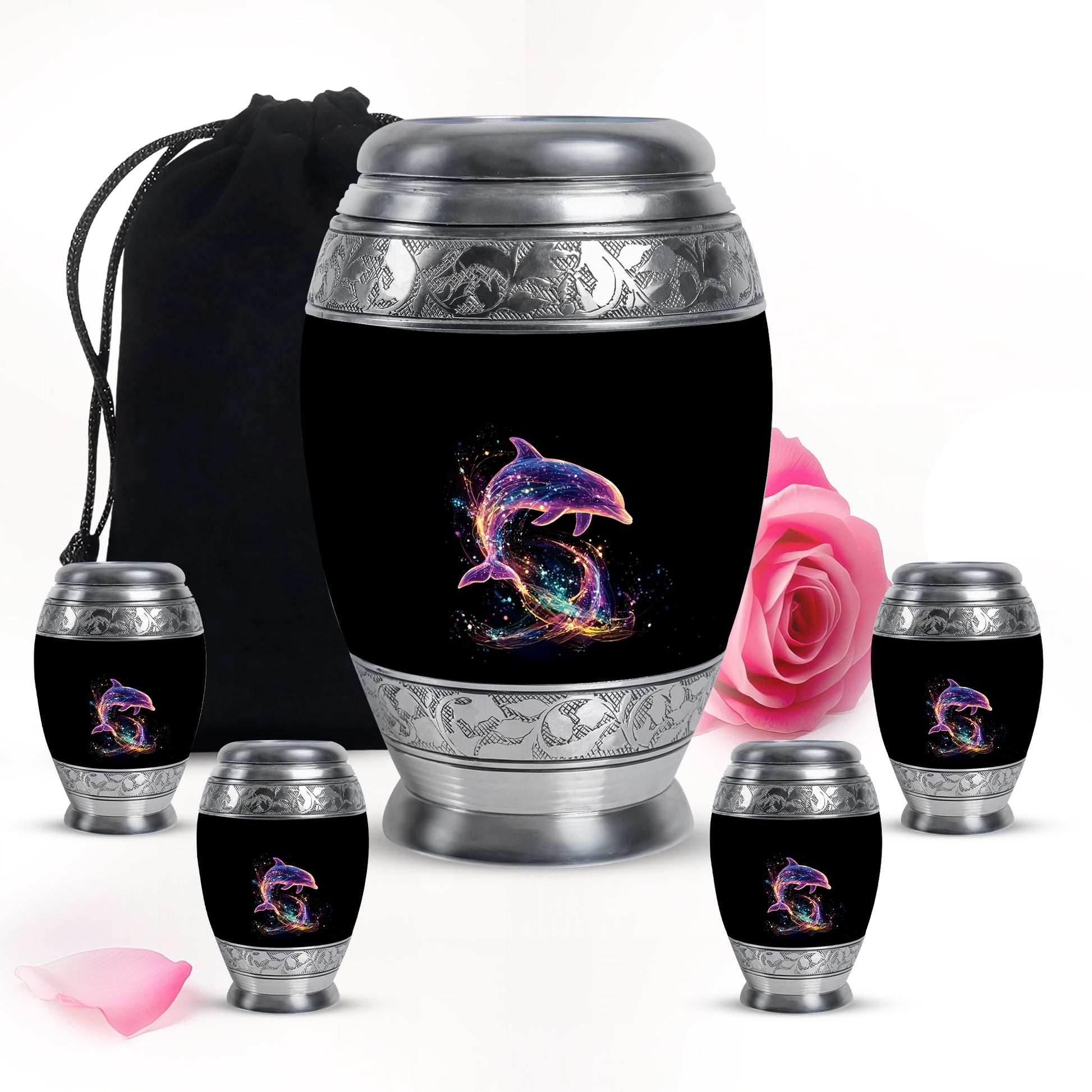 Onyx Black Dolphin Cremation Urn detail view - royal dolphin engraving with decorative scrollwork - memorial set with one large and four small urns