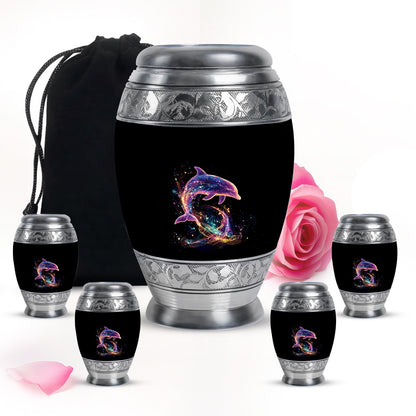 Onyx Black Dolphin Cremation Urn detail view - royal dolphin engraving with decorative scrollwork - memorial set with one large and four small urns