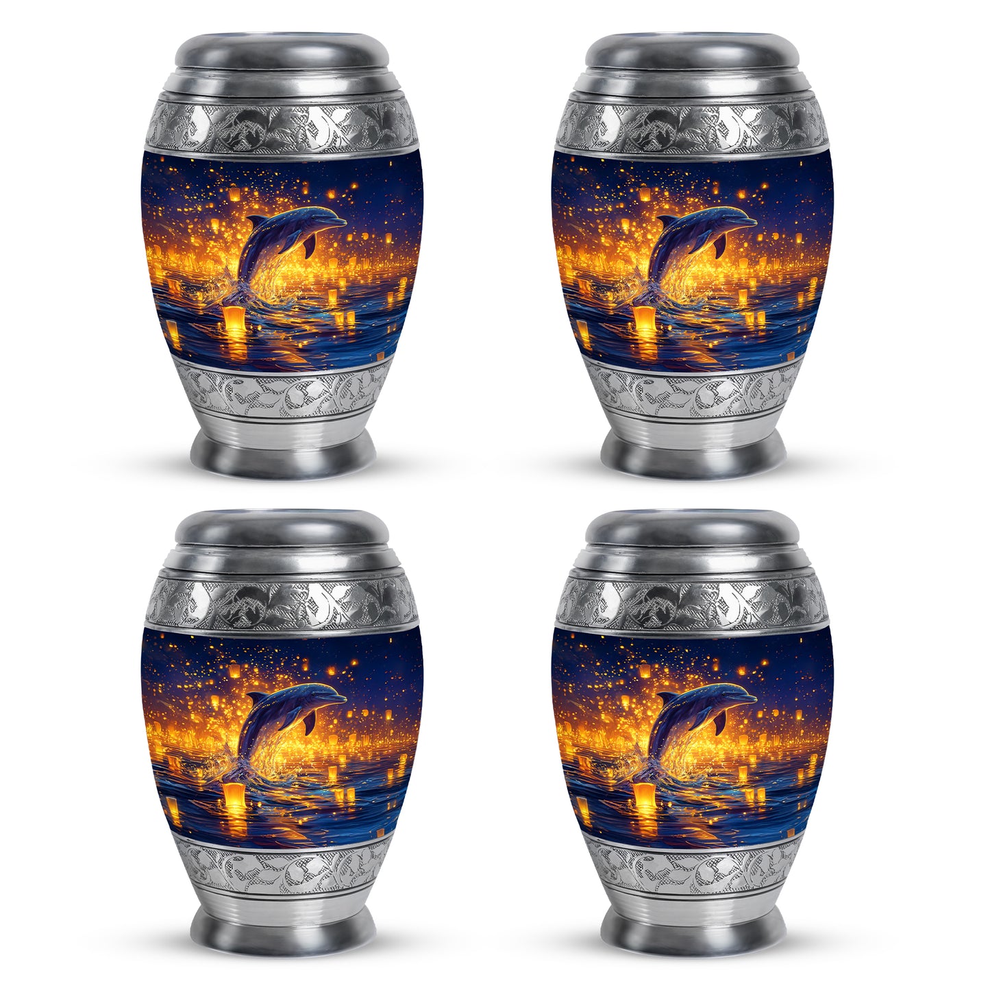 Vivid Blue Dolphin Cremation Urn urn with complimentary velvet bag - royal dolphin engraving with decorative scrollwork - 10 inch aluminum urn for cremated remains