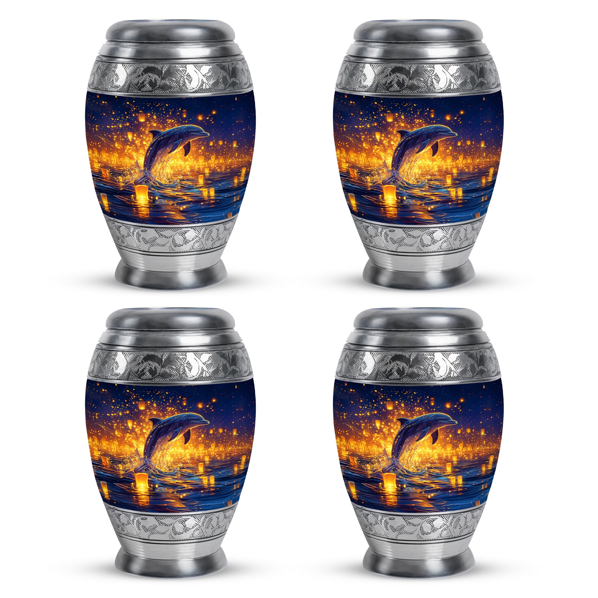 Vivid Blue Dolphin Cremation Urn urn with complimentary velvet bag - royal dolphin engraving with decorative scrollwork - 10 inch aluminum urn for cremated remains
