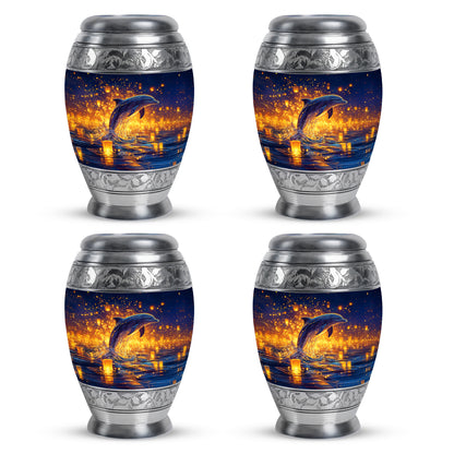 Vivid Blue Dolphin Cremation Urn urn with complimentary velvet bag - royal dolphin engraving with decorative scrollwork - 10 inch aluminum urn for cremated remains