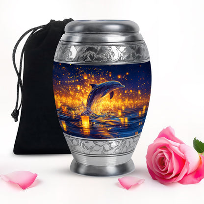 Sapphire Blue Dolphin Cremation Urn back view with polished surface - royal dolphin engraving with decorative scrollwork - full-size 10 inch 200 cubic inch adult cremation urn