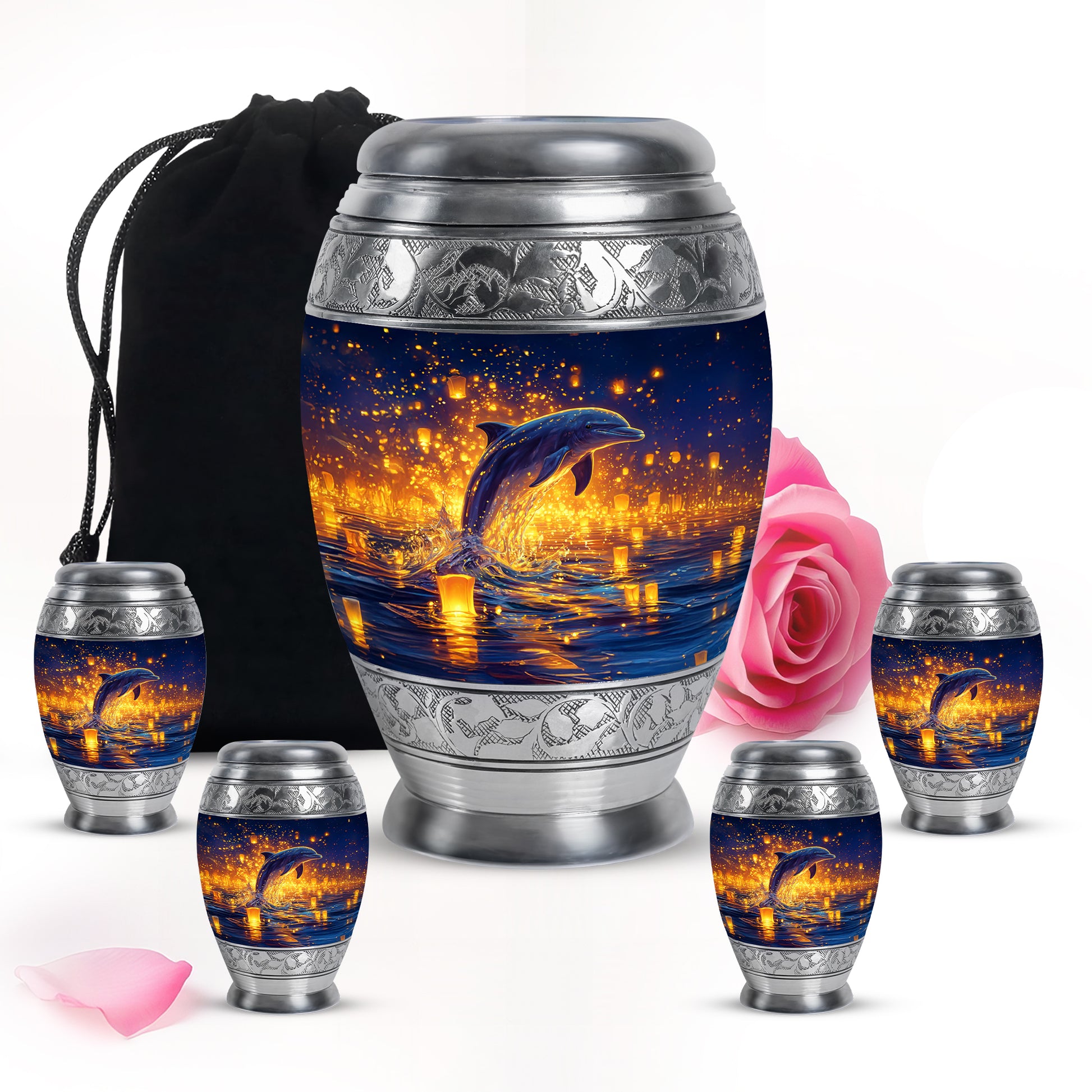Misty Blue Dolphin Cremation Urn detail view - regal dolphin design with crown-inspired accents - memorial set with one large and four small urns