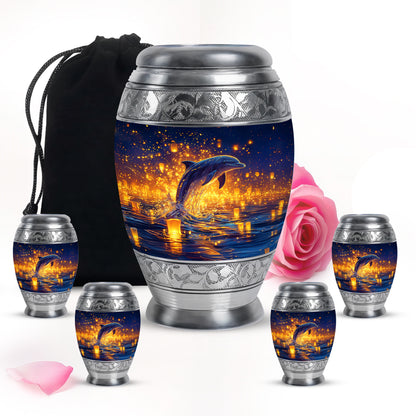 Misty Blue Dolphin Cremation Urn detail view - regal dolphin design with crown-inspired accents - memorial set with one large and four small urns
