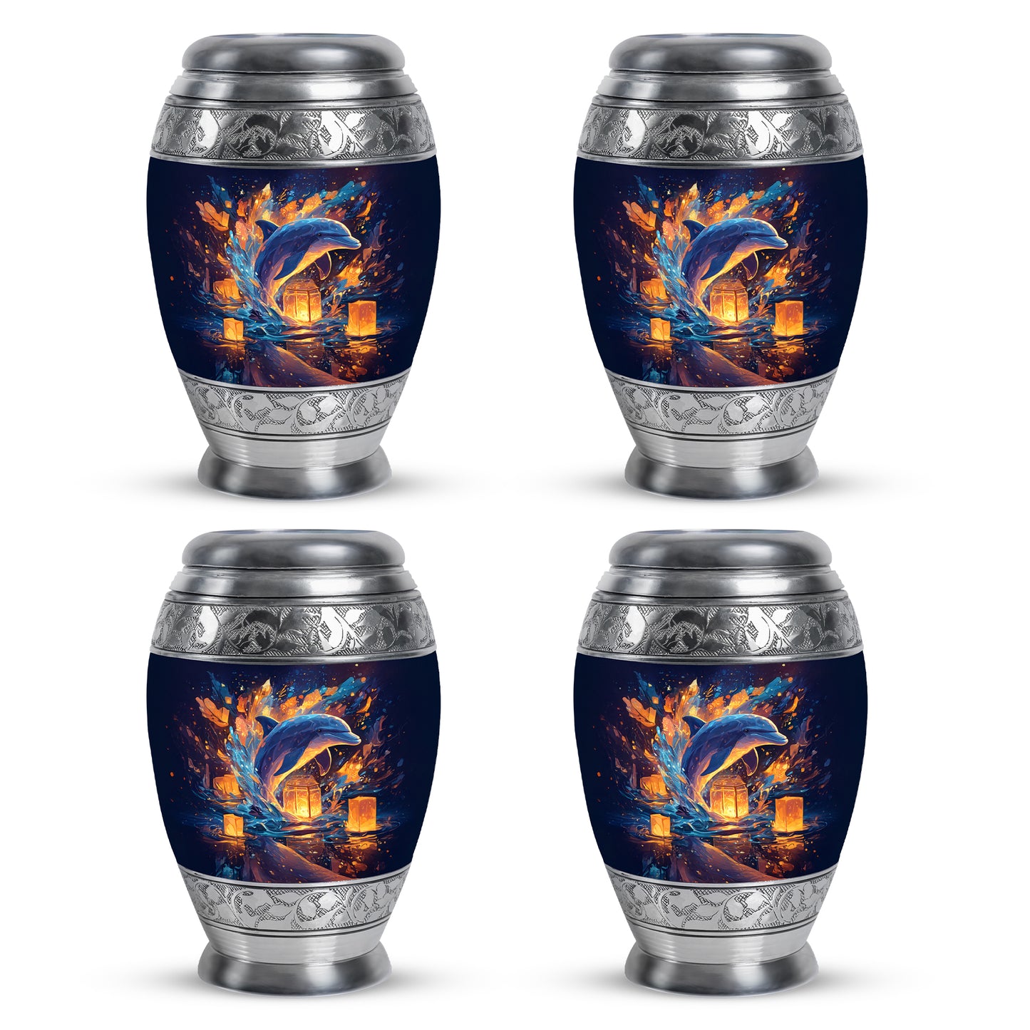 Sky Blue Dolphin Cremation Urn urn with complimentary velvet bag - regal dolphin design with crown-inspired accents - 10 inch aluminum urn for cremated remains