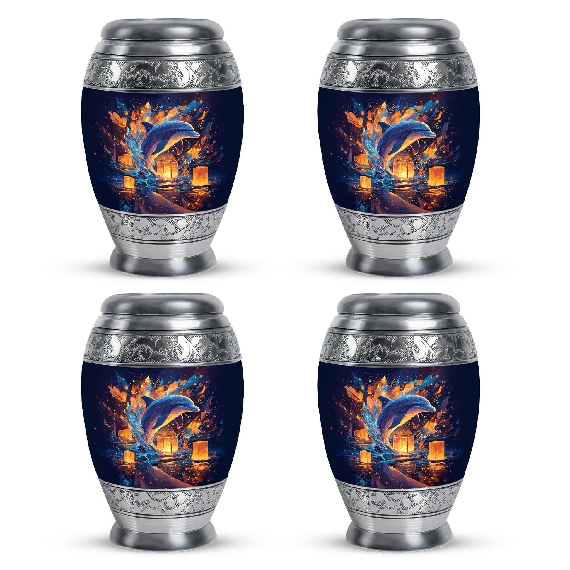 Sky Blue Dolphin Cremation Urn urn with complimentary velvet bag - regal dolphin design with crown-inspired accents - 10 inch aluminum urn for cremated remains