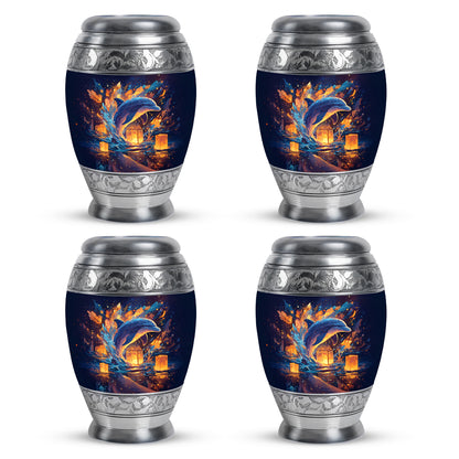 Sky Blue Dolphin Cremation Urn urn with complimentary velvet bag - regal dolphin design with crown-inspired accents - 10 inch aluminum urn for cremated remains
