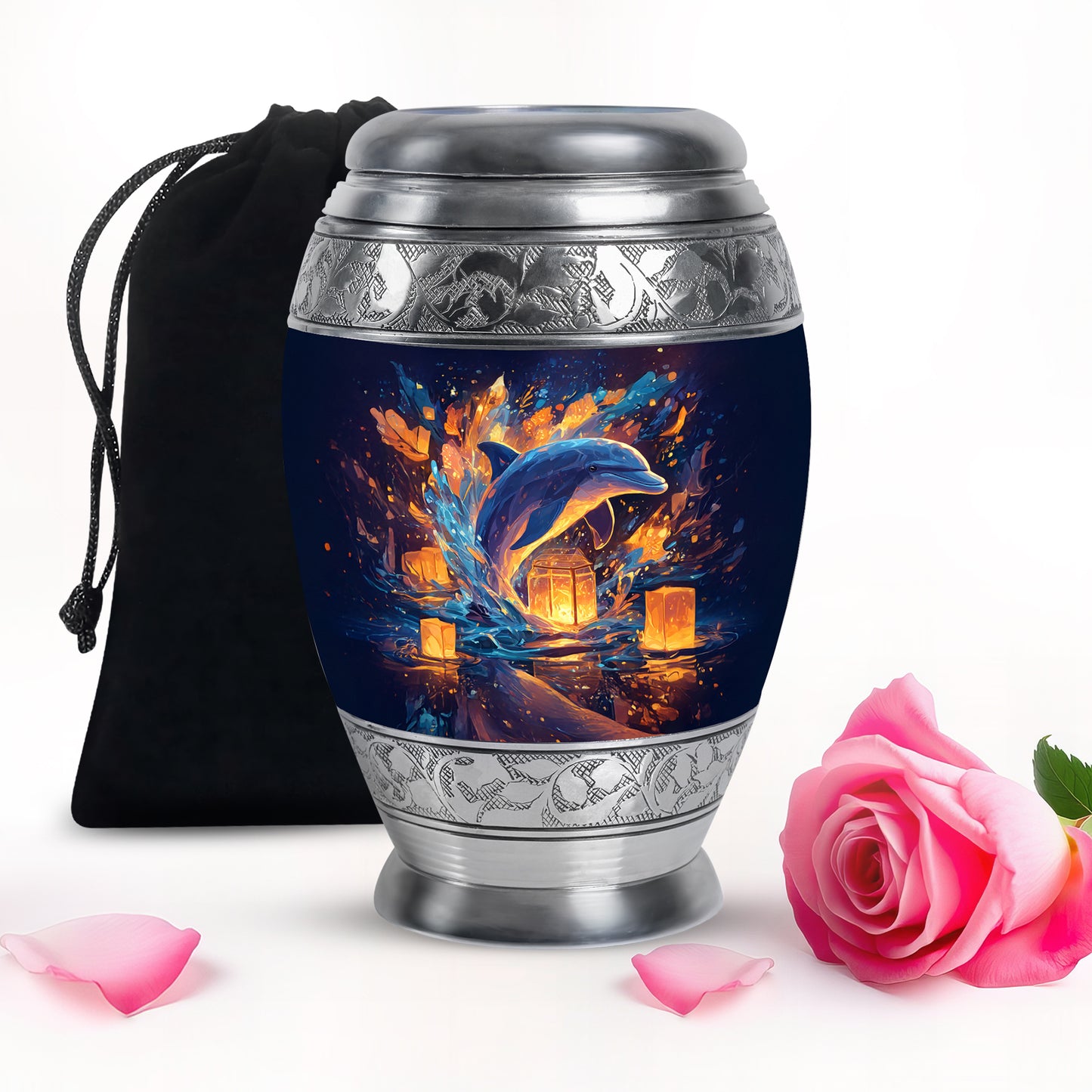 Bright Blue Dolphin Cremation Urn back view with polished surface - royal dolphin engraving with decorative scrollwork - full-size 10 inch 200 cubic inch adult cremation urn