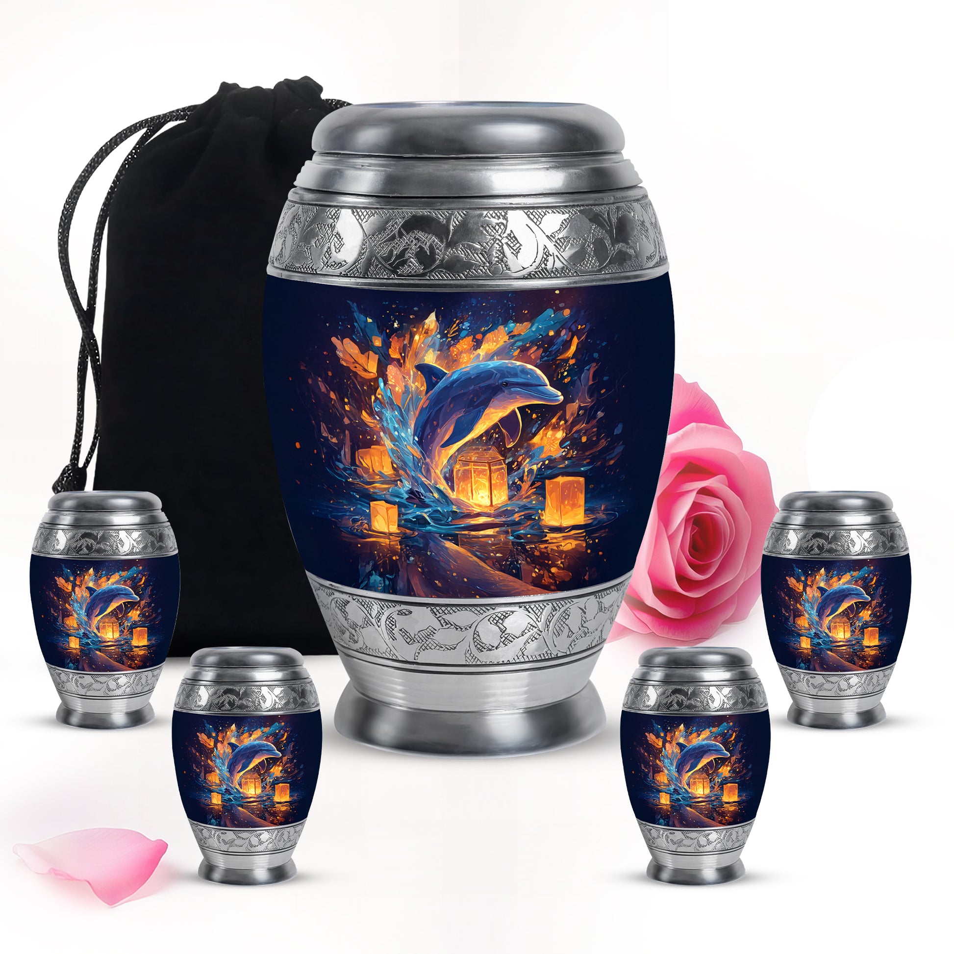 Vivid Blue Dolphin Cremation Urn detail view - royal dolphin engraving with decorative scrollwork - memorial set with one large and four small urns