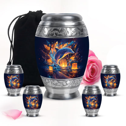 Vivid Blue Dolphin Cremation Urn detail view - royal dolphin engraving with decorative scrollwork - memorial set with one large and four small urns