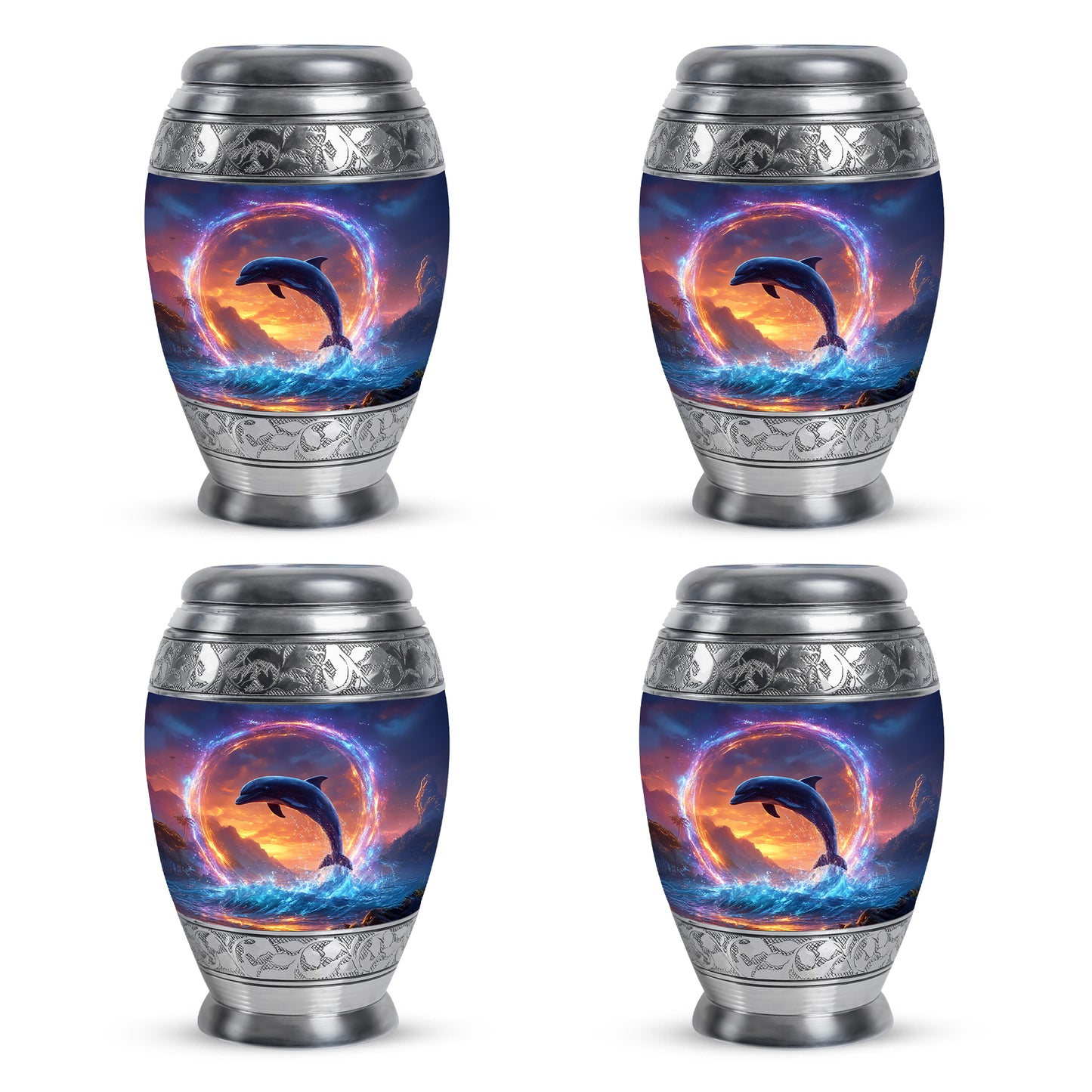 Indigo Dolphin Cremation Urn urn with complimentary velvet bag - regal dolphin design with crown-inspired accents - 10 inch aluminum urn for cremated remains