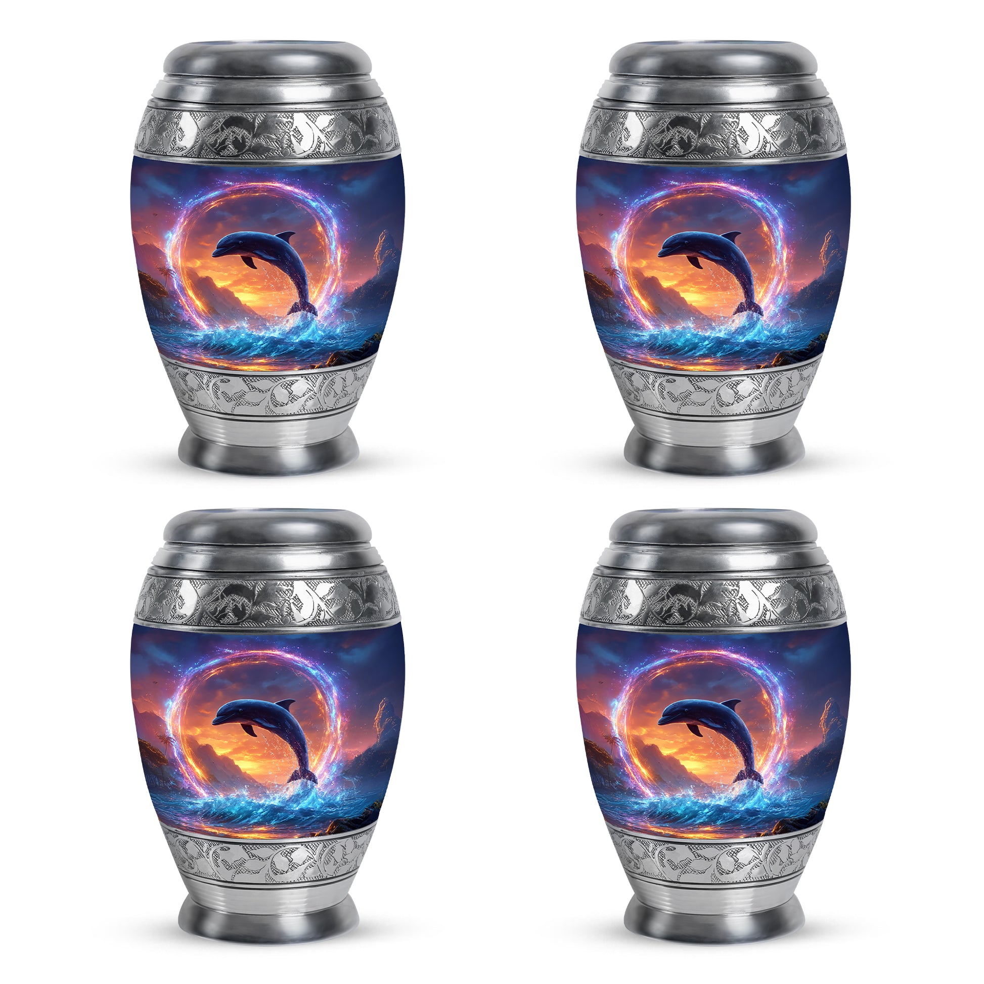 Indigo Dolphin Cremation Urn urn with complimentary velvet bag - regal dolphin design with crown-inspired accents - 10 inch aluminum urn for cremated remains