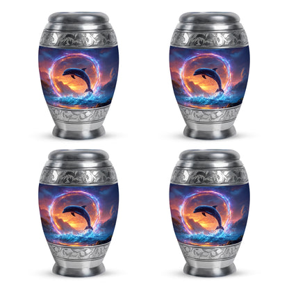Indigo Dolphin Cremation Urn urn with complimentary velvet bag - regal dolphin design with crown-inspired accents - 10 inch aluminum urn for cremated remains