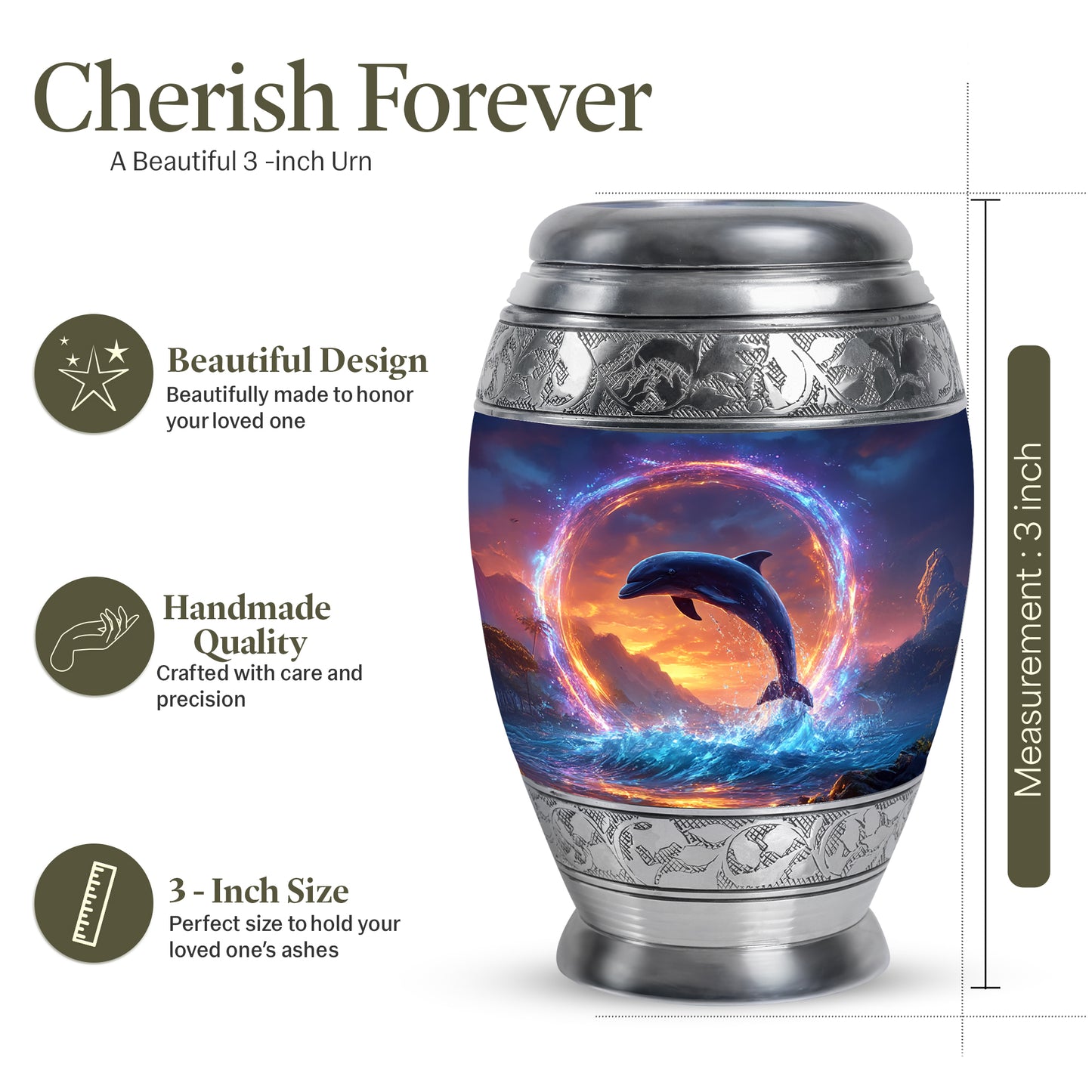 Pastel Blue Dolphin Cremation Urn lifestyle display on memorial shelf - ornate monarch-style dolphin relief on brushed aluminum - mini keepsake memorial for portion of cremation ashes