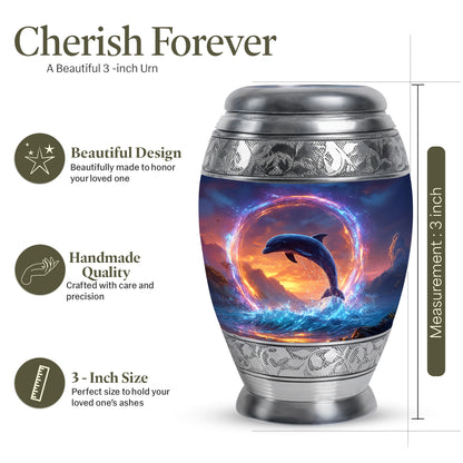 Pastel Blue Dolphin Cremation Urn lifestyle display on memorial shelf - ornate monarch-style dolphin relief on brushed aluminum - mini keepsake memorial for portion of cremation ashes