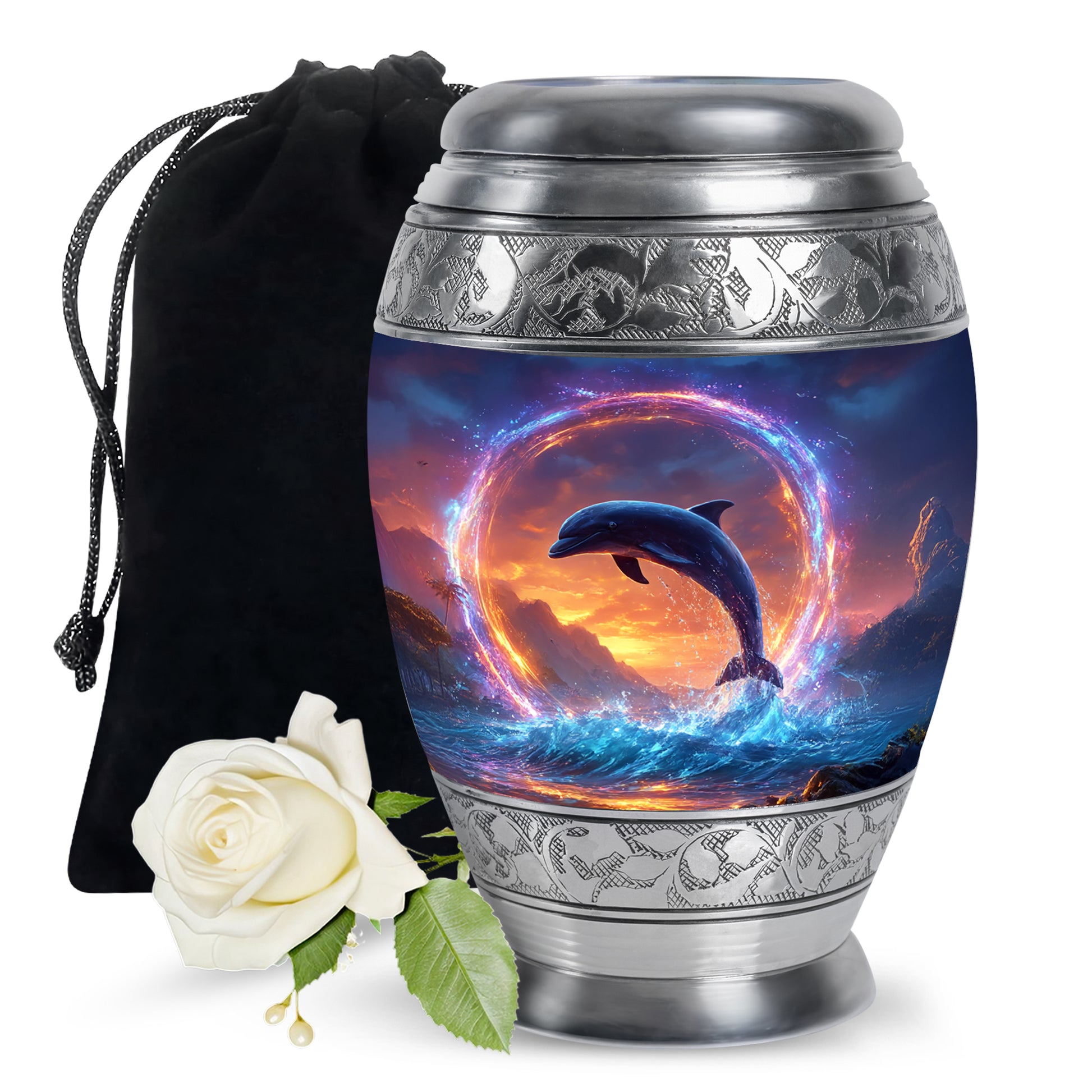 Indigo Dolphin Cremation Urn back view with polished surface - regal dolphin design with crown-inspired accents - full-size 10 inch 200 cubic inch adult cremation urn