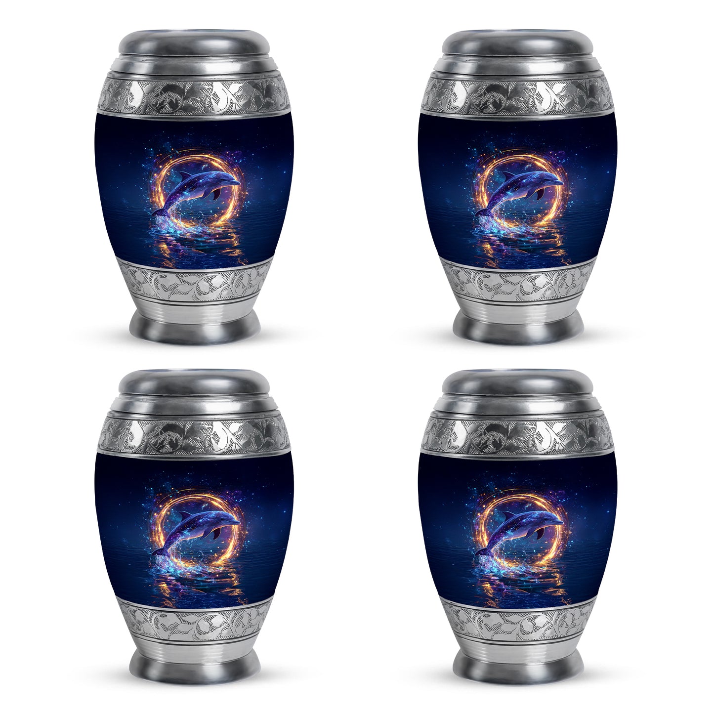 Steel Blue Dolphin Cremation Urn urn with complimentary velvet bag - royal dolphin engraving with decorative scrollwork - 10 inch aluminum urn for cremated remains