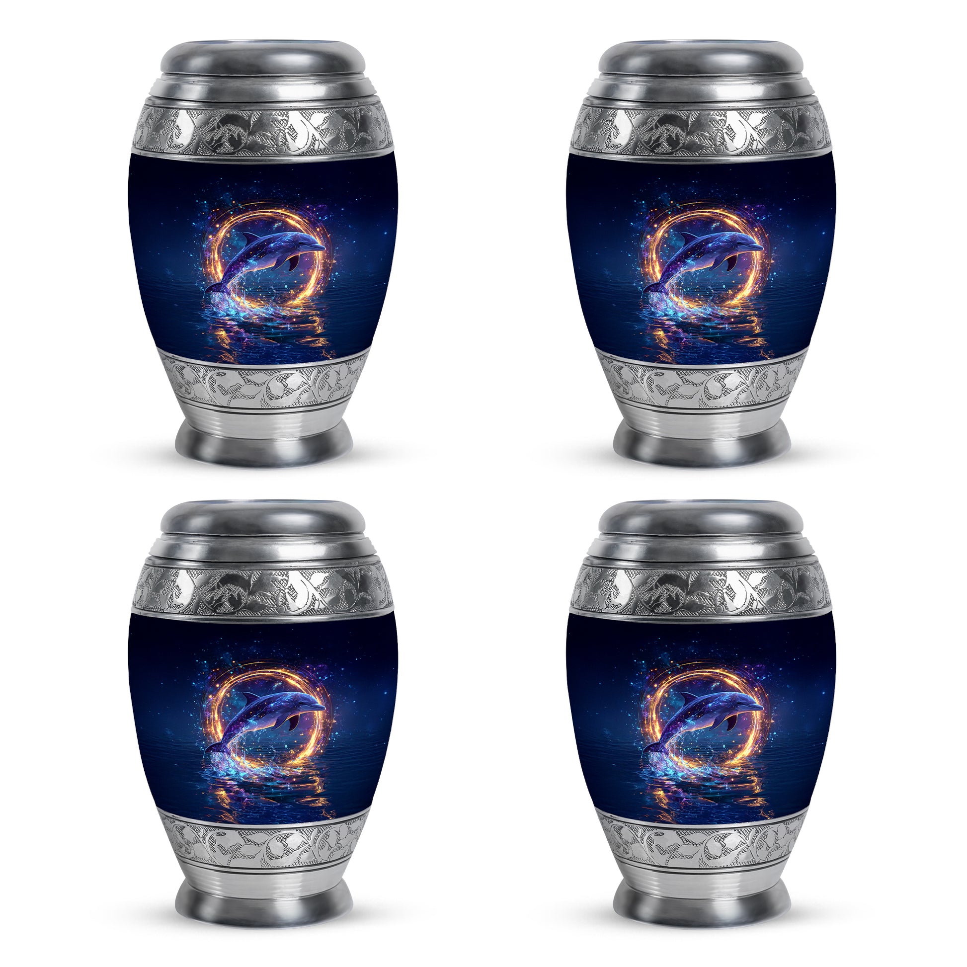 Steel Blue Dolphin Cremation Urn urn with complimentary velvet bag - royal dolphin engraving with decorative scrollwork - 10 inch aluminum urn for cremated remains