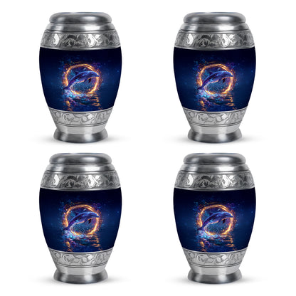 Steel Blue Dolphin Cremation Urn urn with complimentary velvet bag - royal dolphin engraving with decorative scrollwork - 10 inch aluminum urn for cremated remains