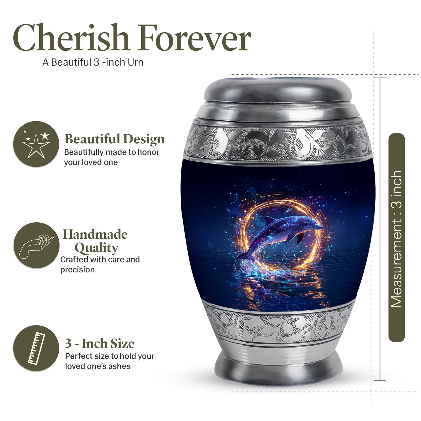 Navy Blue Dolphin Cremation Urn lifestyle display on memorial shelf - ornate monarch-style dolphin relief on brushed aluminum - mini keepsake memorial for portion of cremation ashes