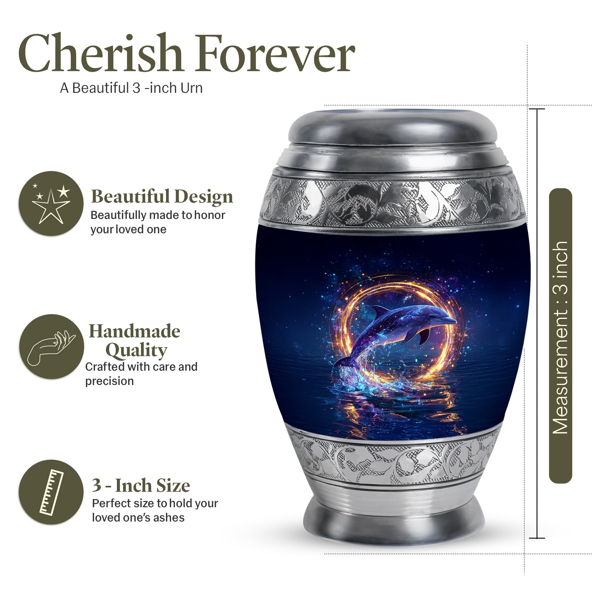 Navy Blue Dolphin Cremation Urn lifestyle display on memorial shelf - ornate monarch-style dolphin relief on brushed aluminum - mini keepsake memorial for portion of cremation ashes