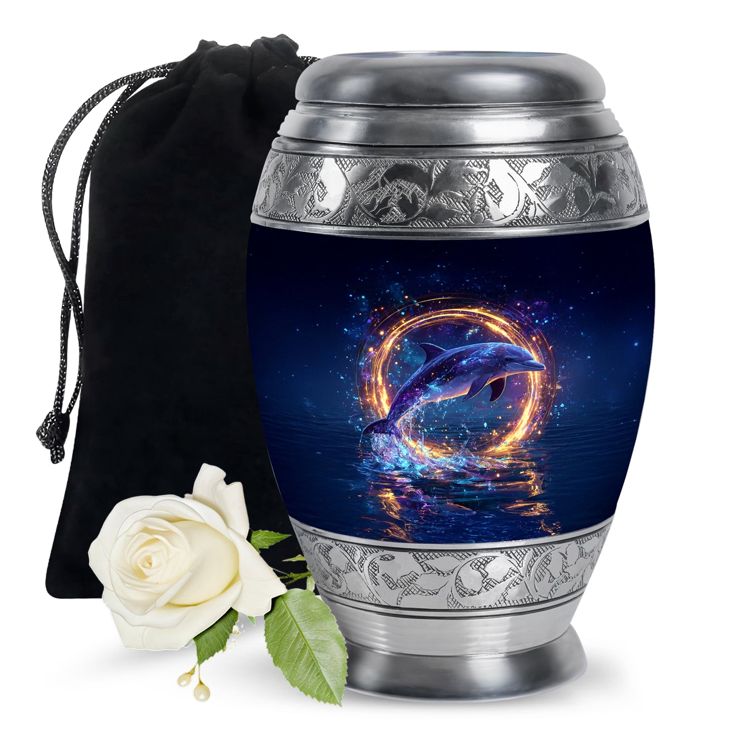 Vivid Blue Dolphin Cremation Urn back view with polished surface - royal dolphin engraving with decorative scrollwork - full-size 10 inch 200 cubic inch adult cremation urn