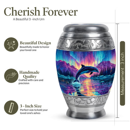 Dusty Blue Dolphin Cremation Urn lifestyle display on memorial shelf - regal dolphin design with crown-inspired accents - mini keepsake memorial for portion of cremation ashes