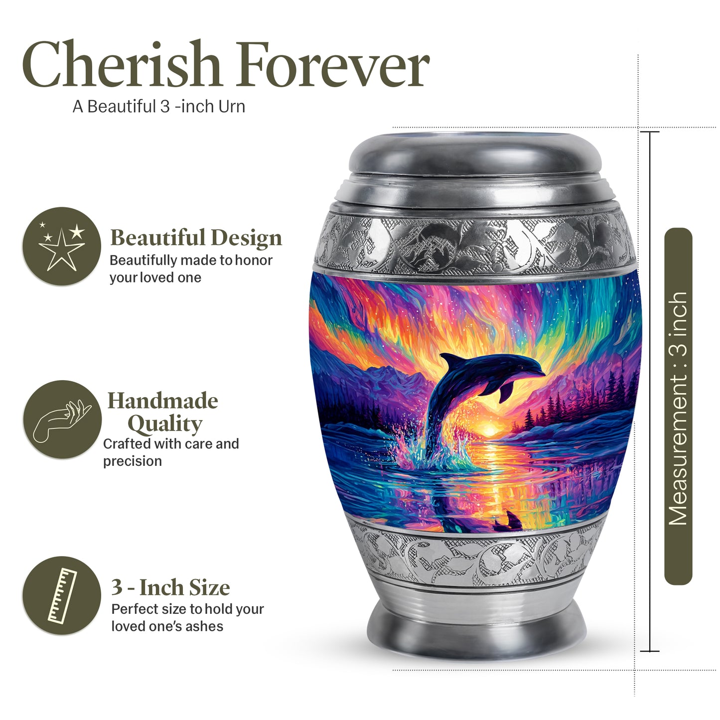 Lavender Purple Dolphin Cremation Urn lifestyle display on memorial shelf - majestic dolphin pattern with filigree border - mini keepsake memorial for portion of cremation ashes