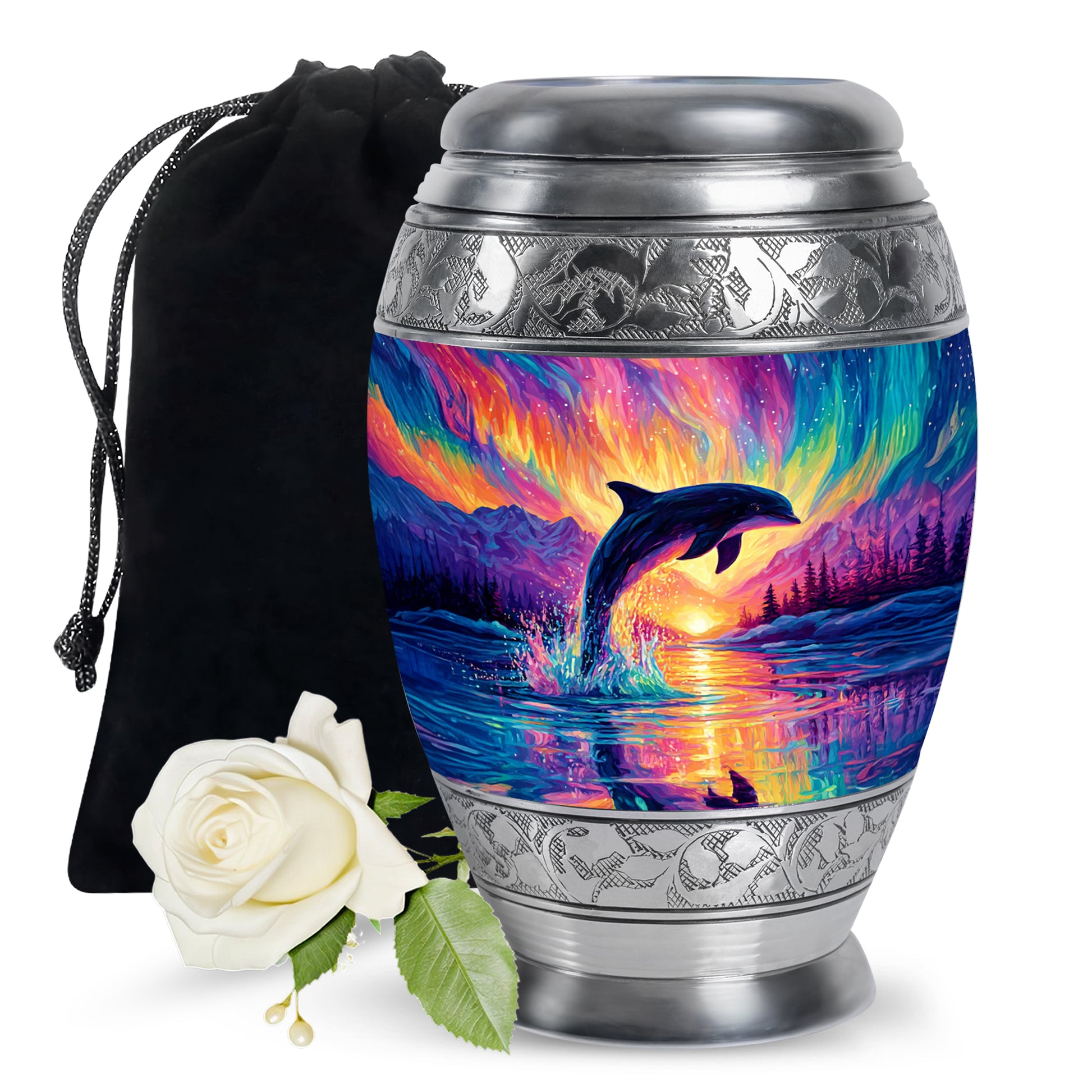 Orchid Purple Dolphin Cremation Urn back view with polished surface - regal dolphin design with crown-inspired accents - full-size 10 inch 200 cubic inch adult cremation urn