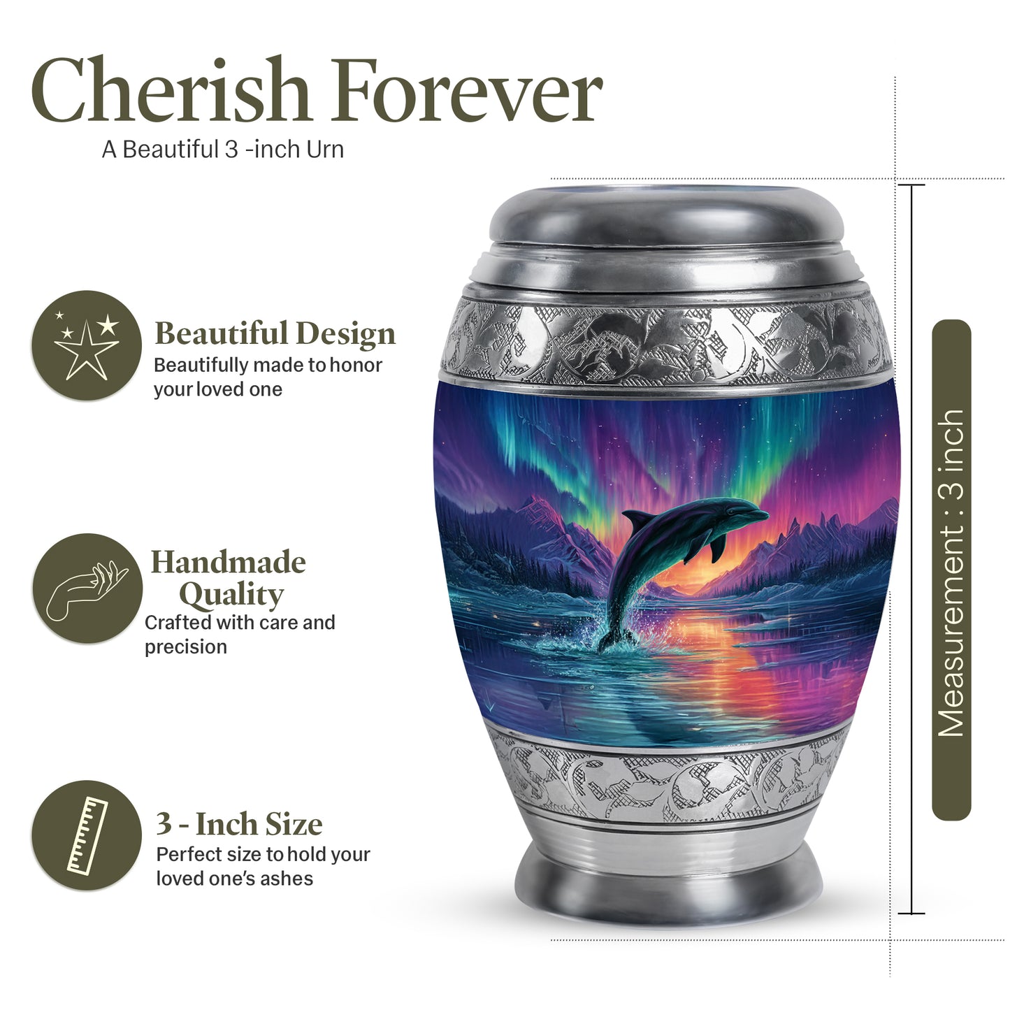 Soft Blue Dolphin Cremation Urn lifestyle display on memorial shelf - royal dolphin engraving with decorative scrollwork - mini keepsake memorial for portion of cremation ashes