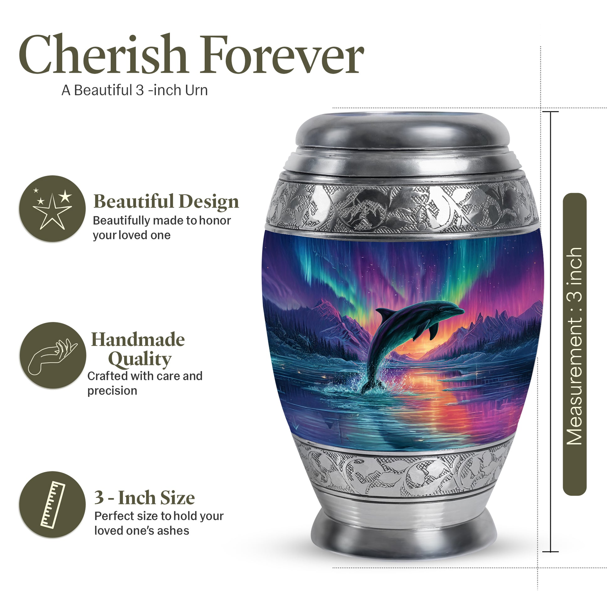 Soft Blue Dolphin Cremation Urn lifestyle display on memorial shelf - royal dolphin engraving with decorative scrollwork - mini keepsake memorial for portion of cremation ashes