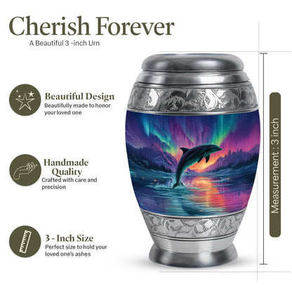 Soft Blue Dolphin Cremation Urn lifestyle display on memorial shelf - royal dolphin engraving with decorative scrollwork - mini keepsake memorial for portion of cremation ashes
