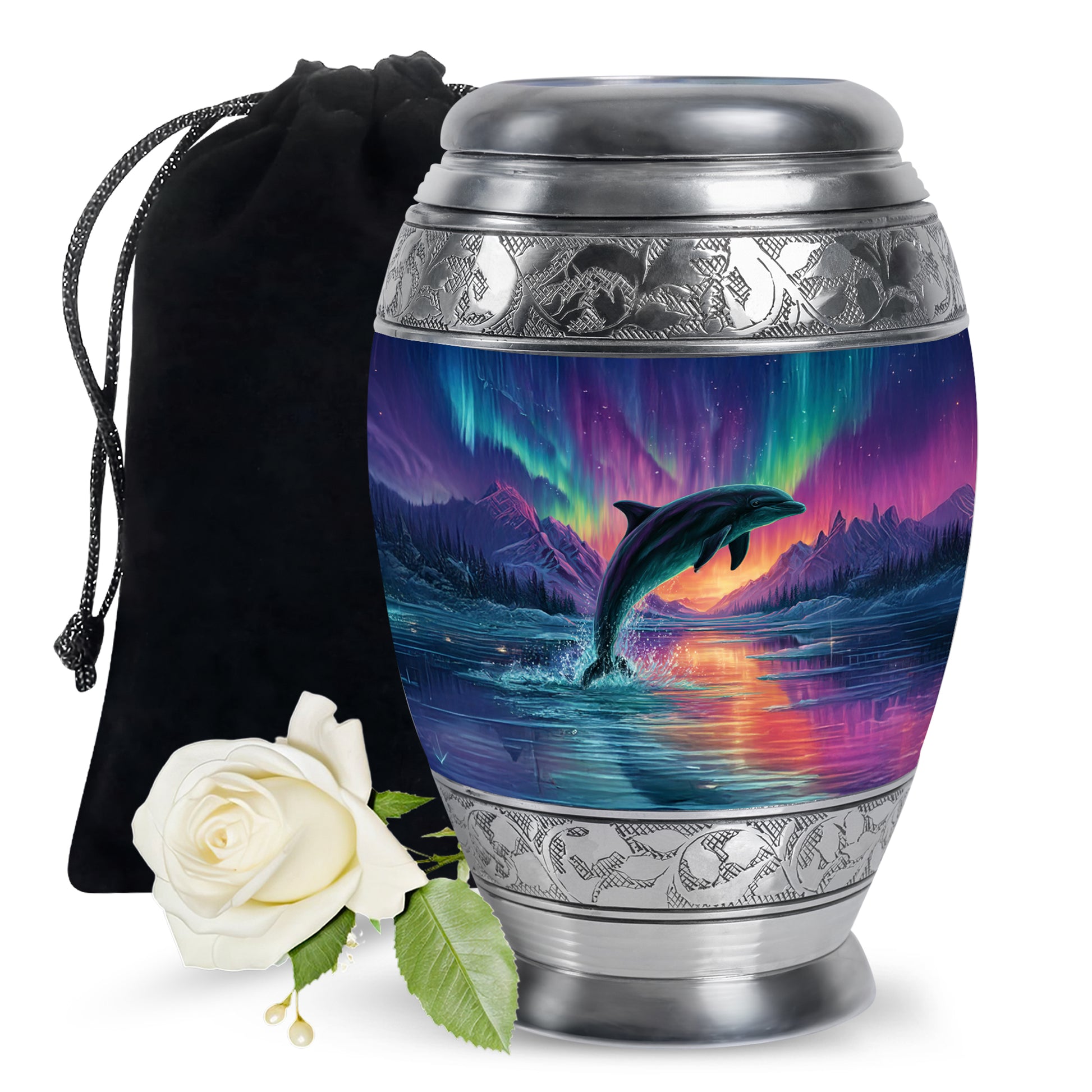 Celestial Blue Dolphin Cremation Urn back view with polished surface - ornate monarch-style dolphin relief on brushed aluminum - full-size 10 inch 200 cubic inch adult cremation urn