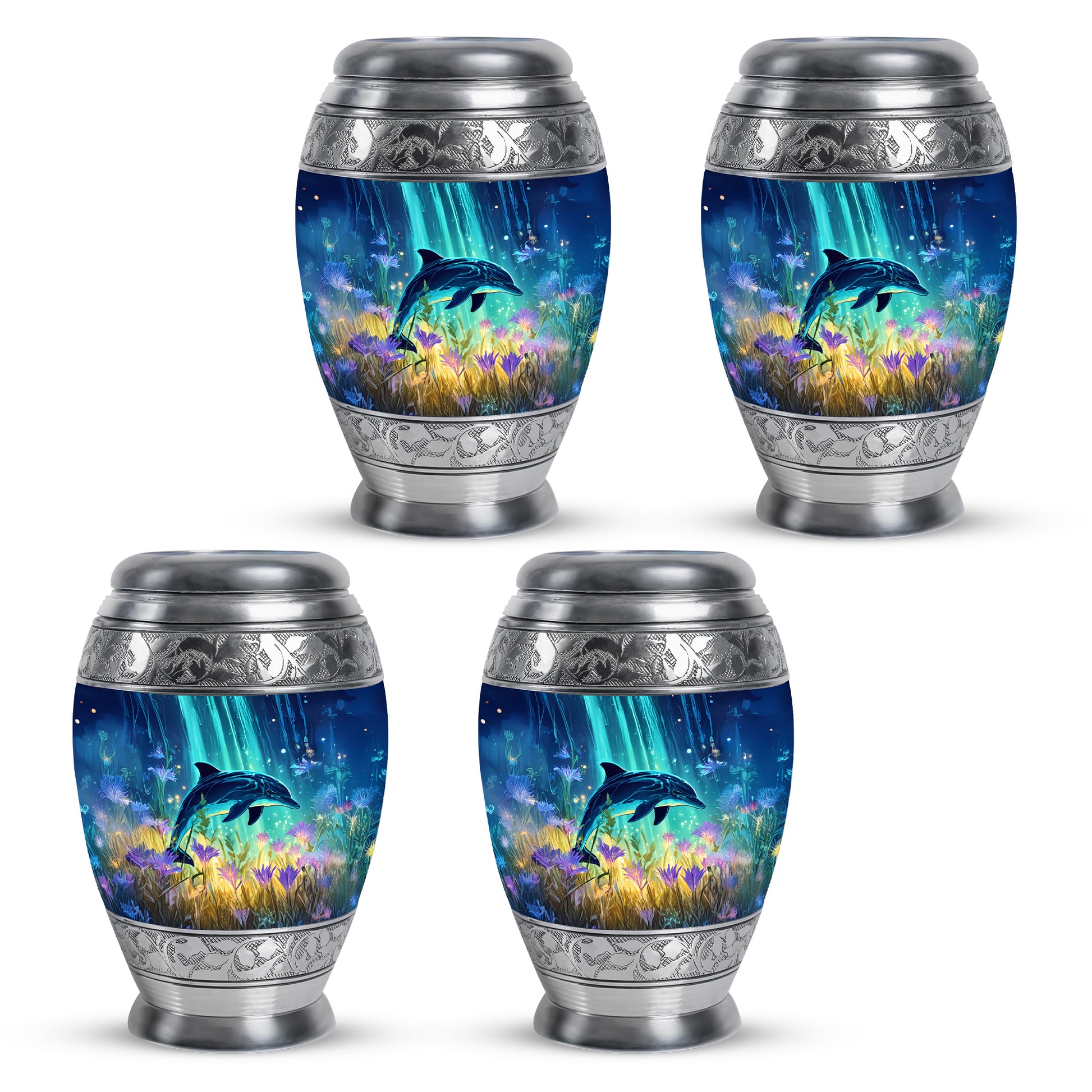 Indigo Dolphin Cremation Urn urn with complimentary velvet bag - regal dolphin design with crown-inspired accents - 10 inch aluminum urn for cremated remains