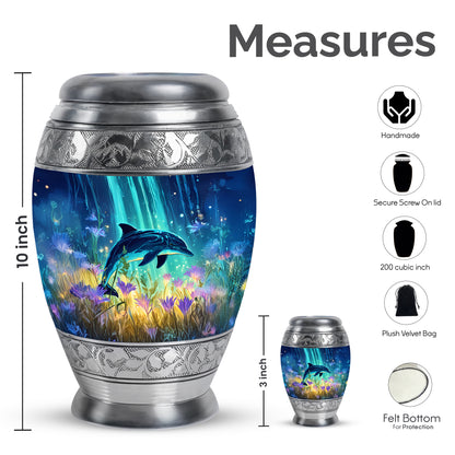 Cobalt Blue Dolphin Cremation Urn lifestyle display on memorial shelf - royal dolphin engraving with decorative scrollwork - mini keepsake memorial for portion of cremation ashes