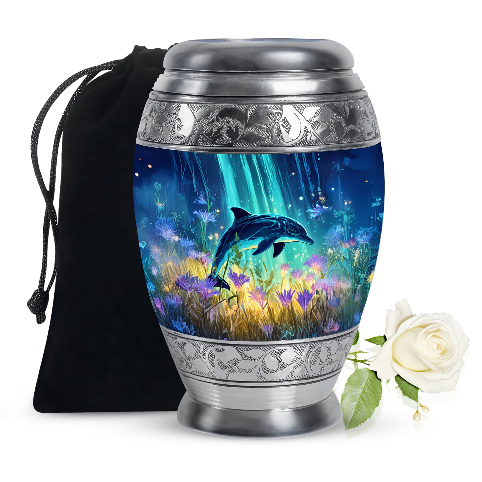 Calming Blue Dolphin Cremation Urn back view with polished surface - royal dolphin engraving with decorative scrollwork - full-size 10 inch 200 cubic inch adult cremation urn