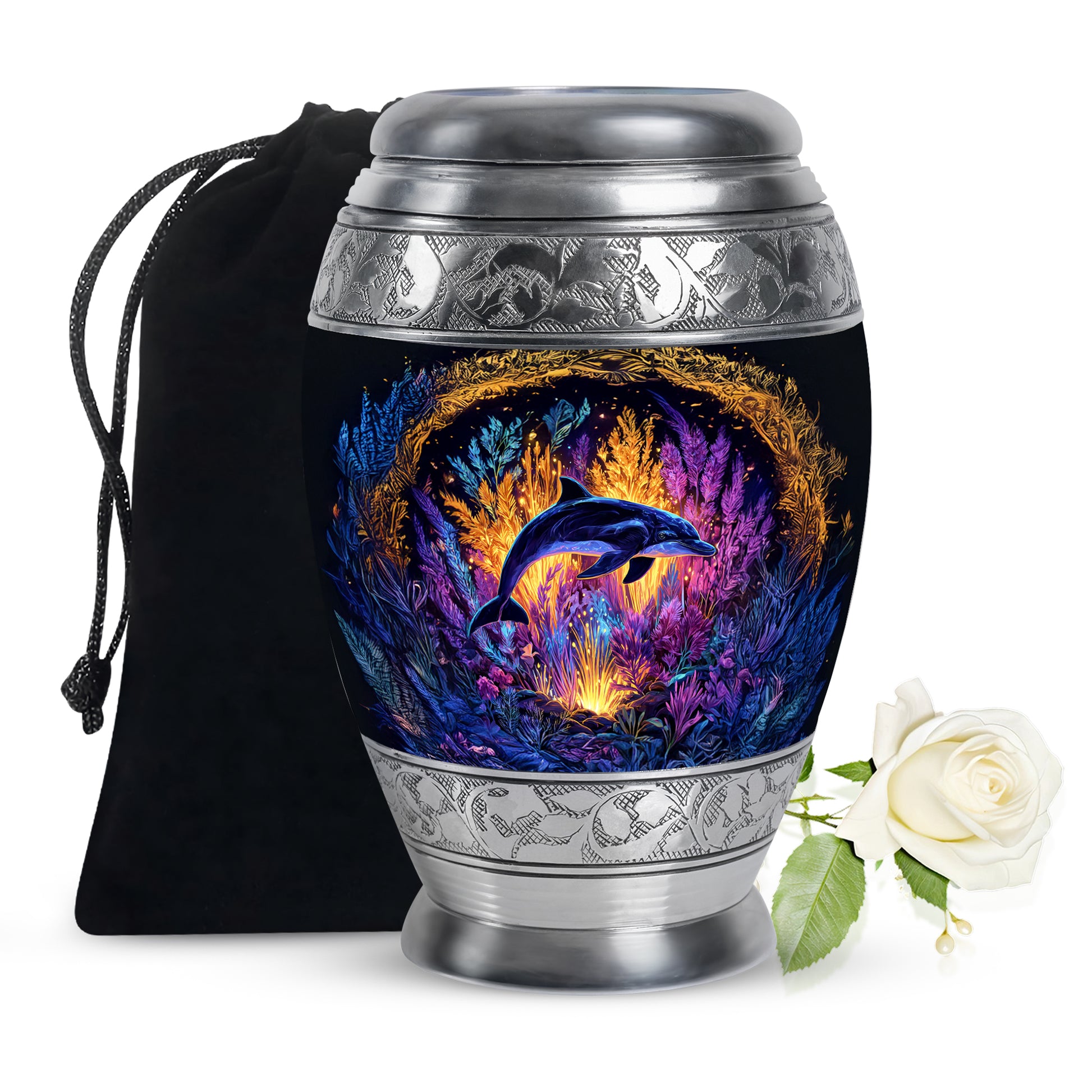 Royal Gold Dolphin Cremation Urn back view with polished surface - majestic dolphin pattern with filigree border - full-size 10 inch 200 cubic inch adult cremation urn