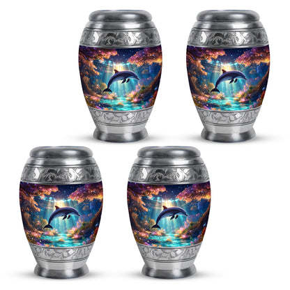 Twilight Purple Dolphin Cremation Urn urn with complimentary velvet bag - majestic dolphin pattern with filigree border - 10 inch aluminum urn for cremated remains
