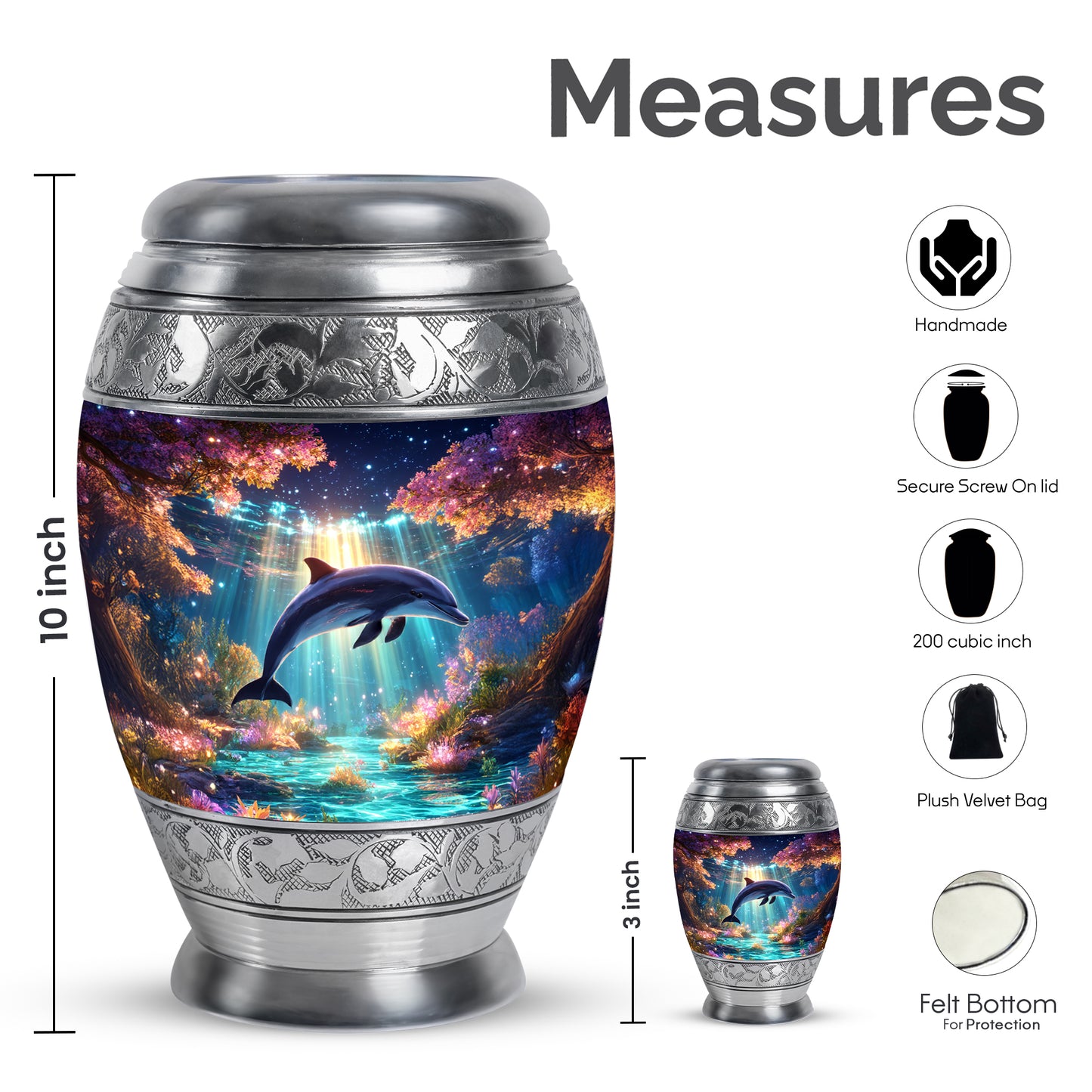 Majestic Purple Dolphin Cremation Urn lifestyle display on memorial shelf - regal dolphin design with crown-inspired accents - mini keepsake memorial for portion of cremation ashes