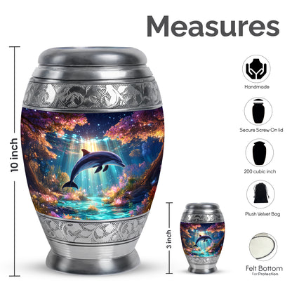Majestic Purple Dolphin Cremation Urn lifestyle display on memorial shelf - regal dolphin design with crown-inspired accents - mini keepsake memorial for portion of cremation ashes
