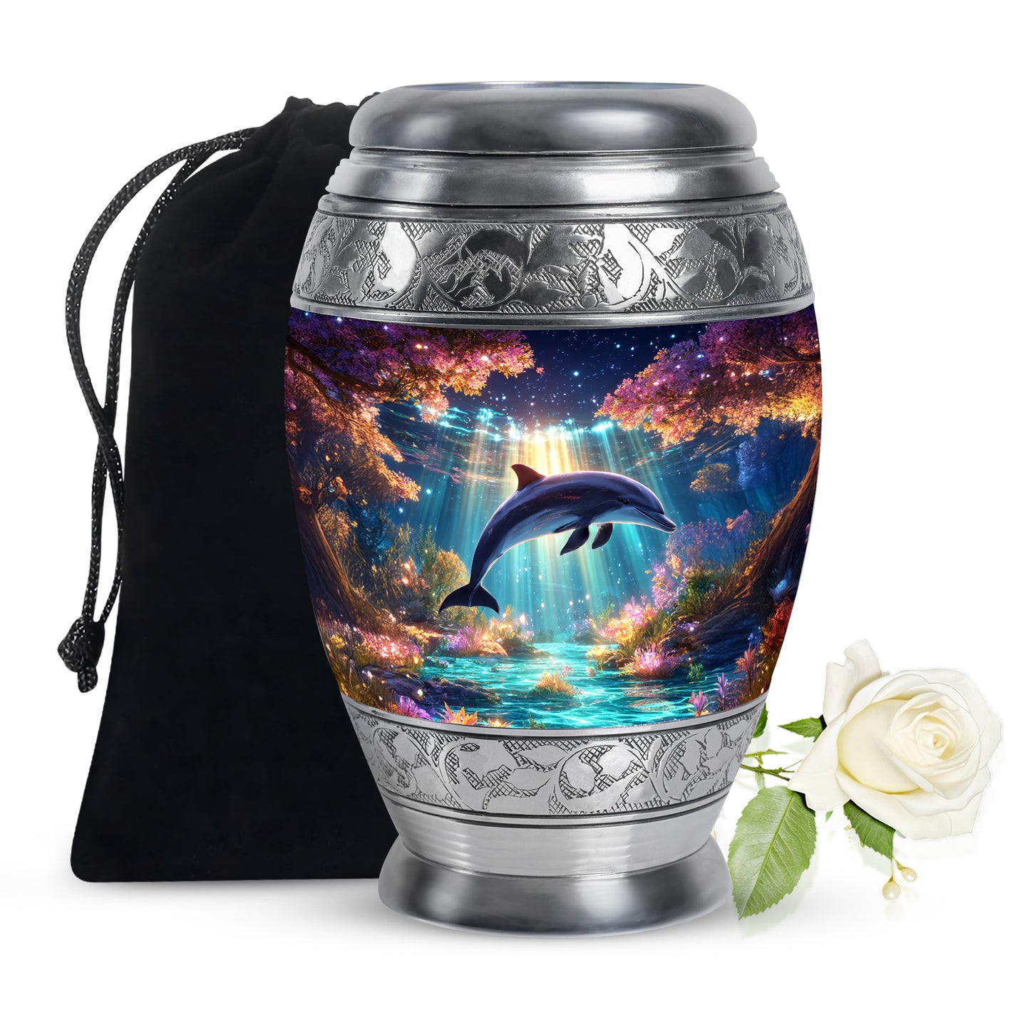 Amethyst Purple Dolphin Cremation Urn back view with polished surface - regal dolphin design with crown-inspired accents - full-size 10 inch 200 cubic inch adult cremation urn