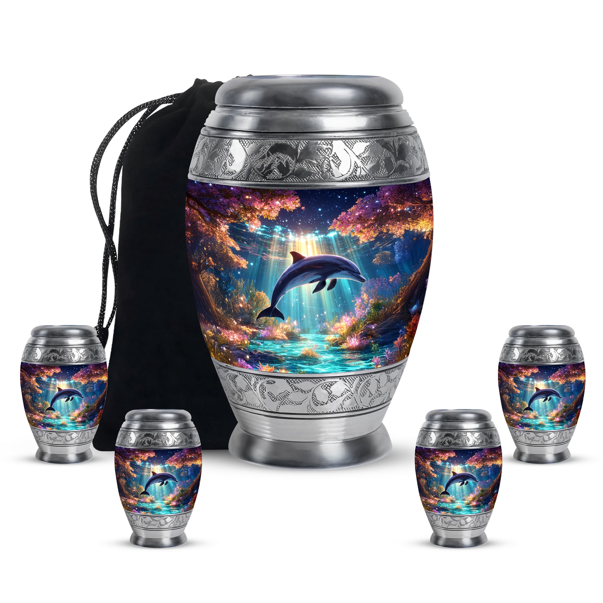 Deep Purple Dolphin Cremation Urn detail view - ornate monarch-style dolphin relief on brushed aluminum - memorial set with one large and four small urns