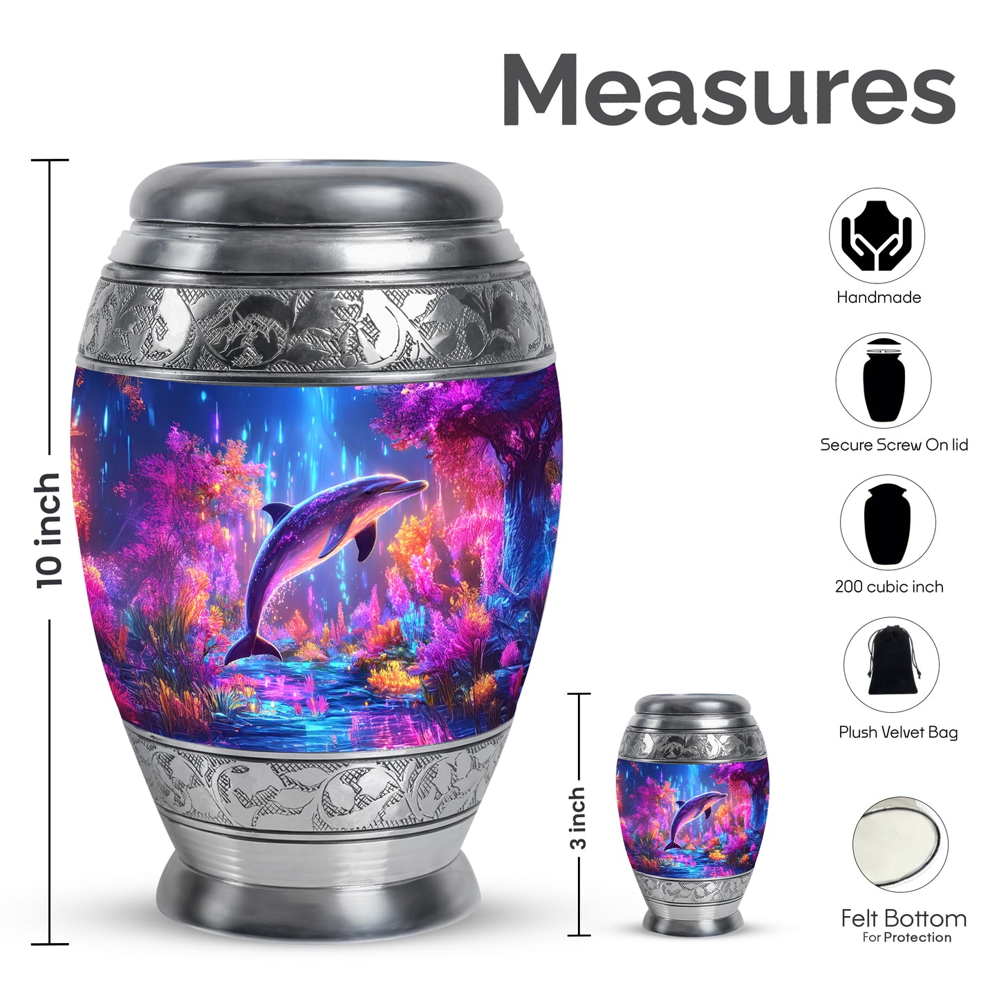 Celestial Blue Dolphin Cremation Urn lifestyle display on memorial shelf - ornate monarch-style dolphin relief on brushed aluminum - mini keepsake memorial for portion of cremation ashes
