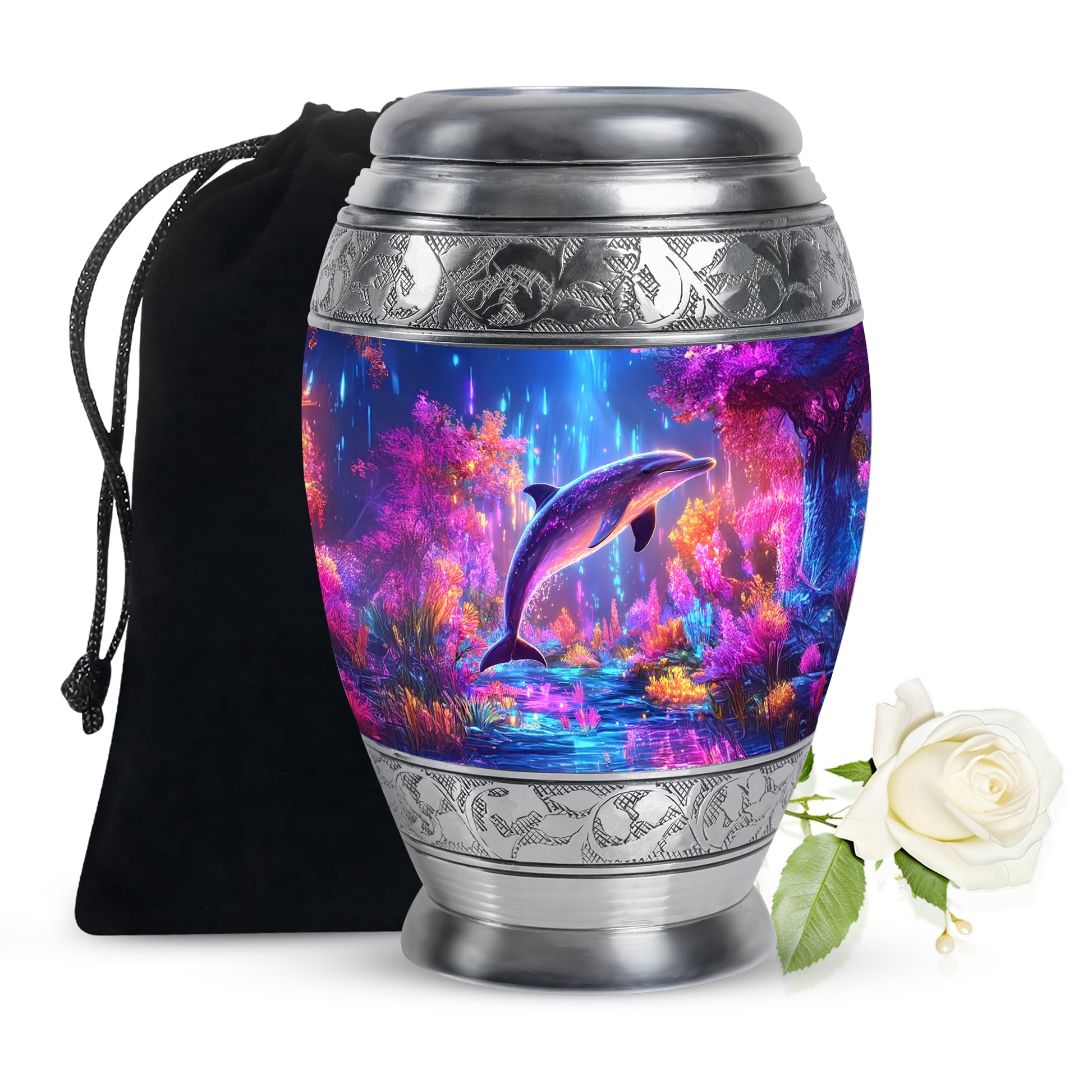 Cornflower Blue Dolphin Cremation Urn back view with polished surface - royal dolphin engraving with decorative scrollwork - full-size 10 inch 200 cubic inch adult cremation urn