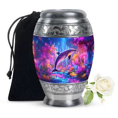 Cornflower Blue Dolphin Cremation Urn back view with polished surface - royal dolphin engraving with decorative scrollwork - full-size 10 inch 200 cubic inch adult cremation urn