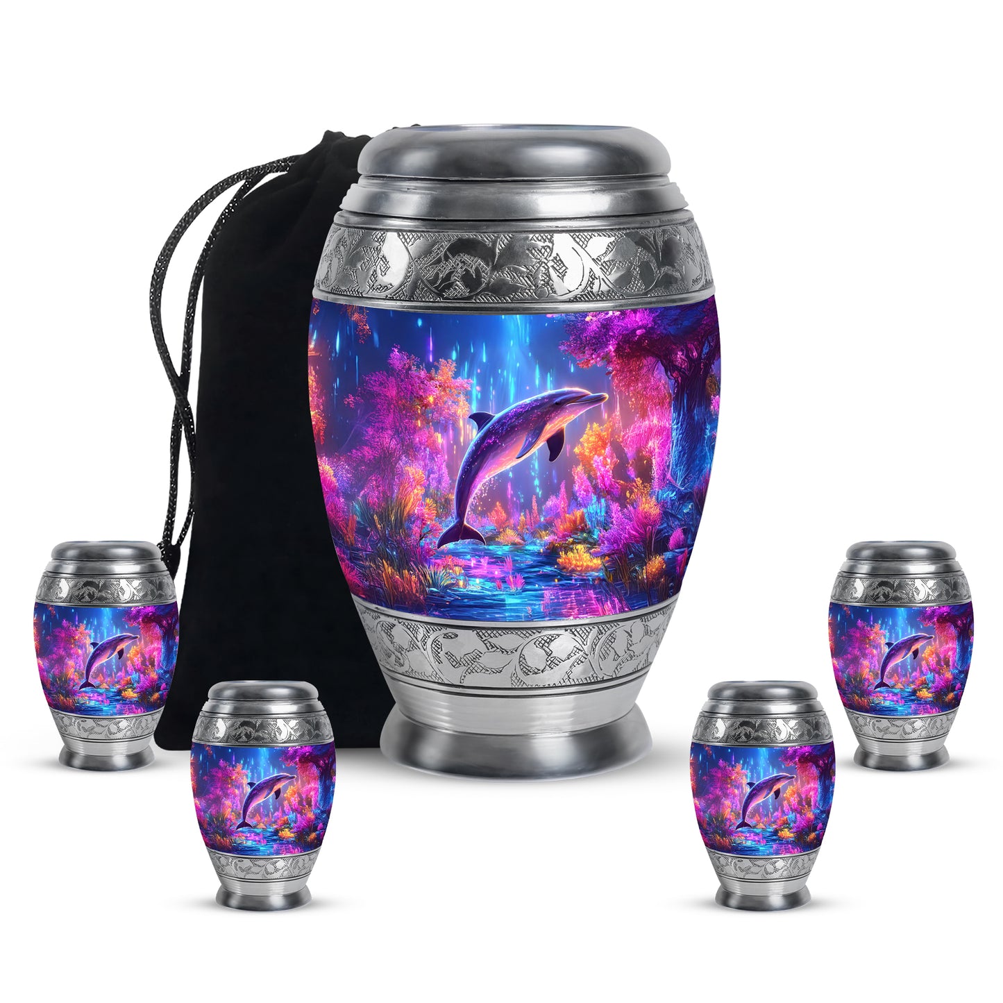 Azure Dolphin Cremation Urn detail view - ornate monarch-style dolphin relief on brushed aluminum - memorial set with one large and four small urns