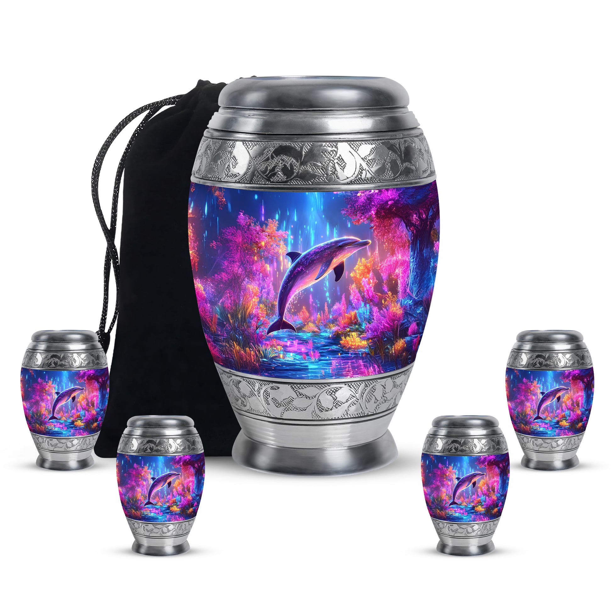 Azure Dolphin Cremation Urn detail view - ornate monarch-style dolphin relief on brushed aluminum - memorial set with one large and four small urns