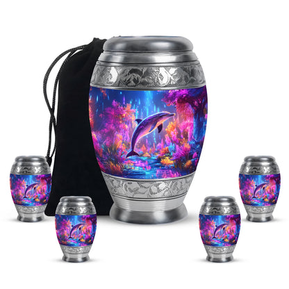 Azure Dolphin Cremation Urn detail view - ornate monarch-style dolphin relief on brushed aluminum - memorial set with one large and four small urns